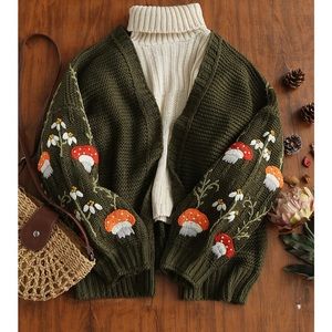 Embroidered Mushroom Cardigan Sweater